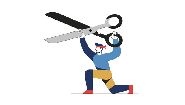 Blindfolded man lifting giant metal scissors in strongman pose over white background represents overcoming limits.