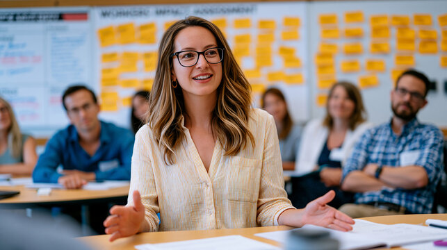 Impact measurement consultant facilitating B corporation recertification workshop with company department heads seated around a round table, workers impact assessment rubric posted on wall, stakehol