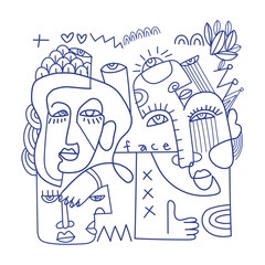 Obraz premium Abstract continuous line art with human faces, geometric shapes, doodles in a modern contemporary style on a white background. Ideal for art print, card, wall art, poster and cover.