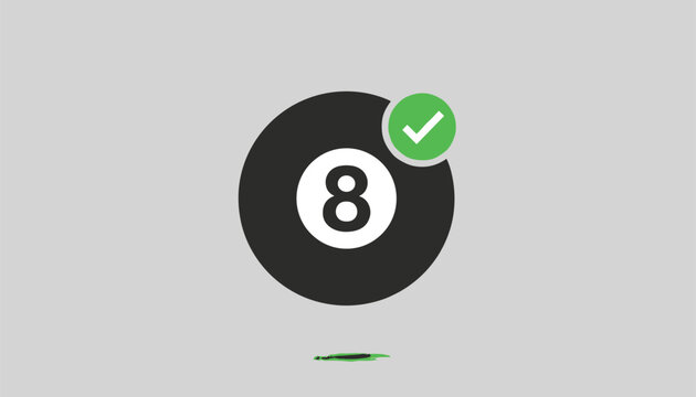 Billiard eight ball icon with green checkmark button on grey background represents successful prediction or win.