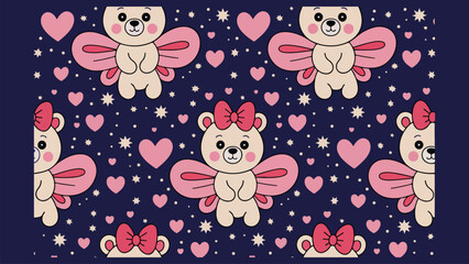 Seamless cute ballerina bear pattern with stars on dark background in flat children's vector illustration © Animesh