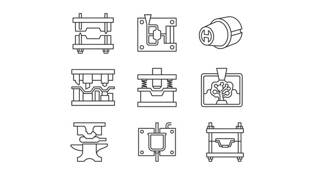 Industrial Manufacturing Die Set Icons: Metal Stamping, Injection Molding, Forging