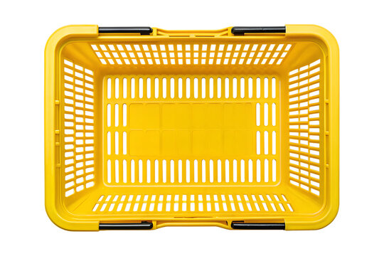 Overhead view of a vibrant yellow plastic shopping basket on png, shopping basket, yellobasket, plastic basket, store basket, supermarket basket, shopping container, retail, grocery, market, container