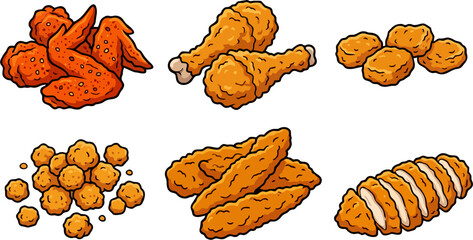 Crispy Fried Chicken Collection Set with Wings, Drumsticks, Nuggets, Popcorn Chicken, Tenders and Sliced Chicken Breast – Fast Food Vector © Amanda