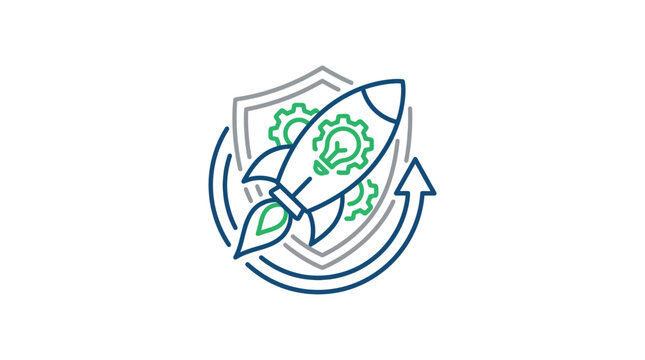 Startup rocket launch icon with gears and shield.