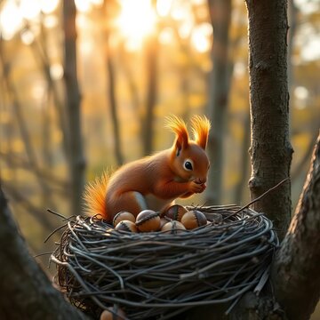 Golden light filters through trees as a red squirrel plays with acorns in a nest, nature, forest
