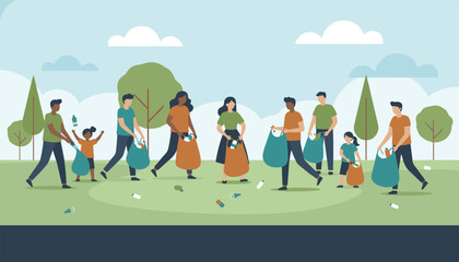Fototapeta premium Group of volunteer people picking up litter and plastic waste in green bags to clean up a public park on a sunny day.