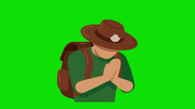 A pilgrim wearing a green shirt and brown hat with a backpack stands in greeting. Green background.
