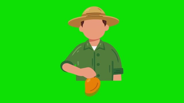 A male fruit farmer is carrying mangoes. Green background.