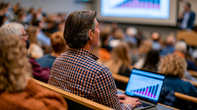 University economist presenting education return on investment research findings to a packed lecture hall, longitudinal earnings data charts on slides, students and faculty seated together, academic