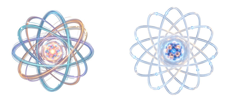 Two colorful atomic structures on a transparent background