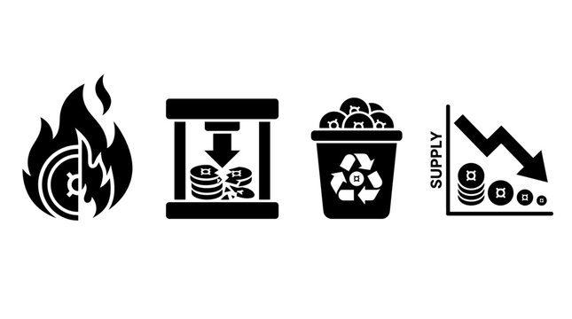 Burning cryptocurrency, coin press, recycle bin, and supply chart.