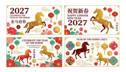 Naklejka premium Set of four 2027 year of the horse chinese new year greeting cards with golden horses and decorative lanterns celebration greeting illustration traditional prosperity template oriental