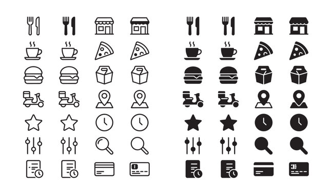 Set of black and white food delivery and interface including cutlery, coffee, pizza, burger, scooter, map pin, clock, star, settings, magnifying glass, document, and credit card symbols