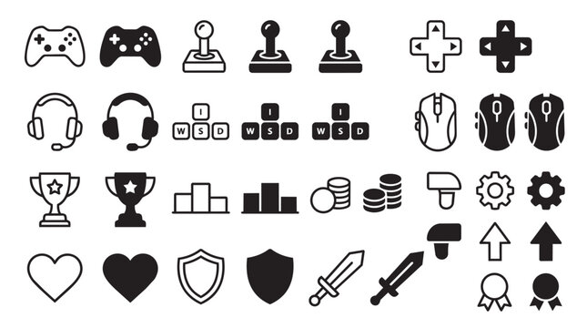 Set of black and white gaming featuring controllers, joysticks, headsets, wasd keys, computer mice, trophies, coins, gear, hearts, shields, swords, and achievement badges on a white background