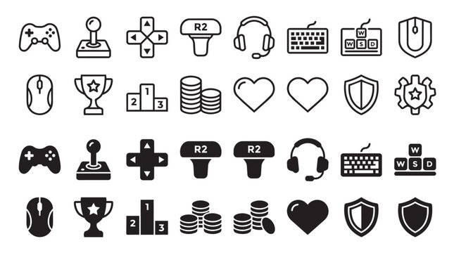 Set of black and white gaming featuring gamepads, joysticks, keyboards, headsets, trophies, podiums, coins, hearts, shields, and gear symbols for digital interface and ui