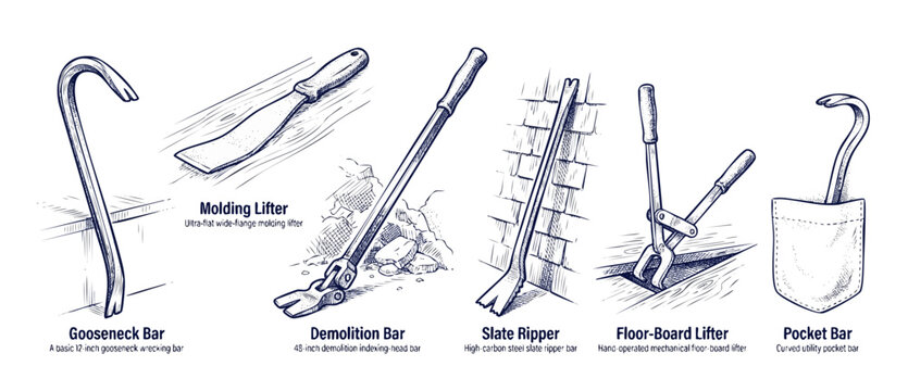 Pry bar tool vector illustration set for construction and demolition work showing gooseneck wrecking bar molding lifter slate ripper floor board lifter and pocket bar in vintage hand drawn sketch styl