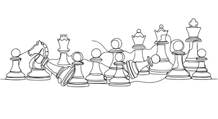 Continuous Line Drawing of Chess Pieces, Strategic Game Concept © Ndak