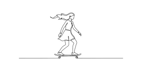 Continuous single line drawing of a girl riding a skateboard © SMCM Vector