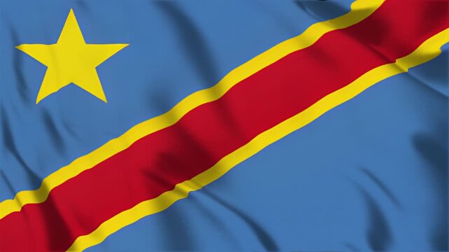 Democratic Republic of the Congo flag waving in wind, national symbol, patriotic motion, close-up view, clear sky background.