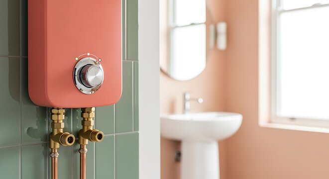 Water Heater Tankless Installed in Modern Bathroom with Peach Color