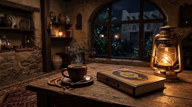 Holy Quran open on a rustic table with coffee and rosary under moonlight through an old window