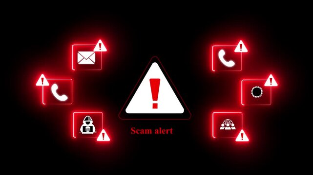 Glowing neon Scam alert warning. cybersecurity concept. Woman using laptop, warning sign for scams with icons representing online threats, phishing. 4k video motion graphic of scam alert concept