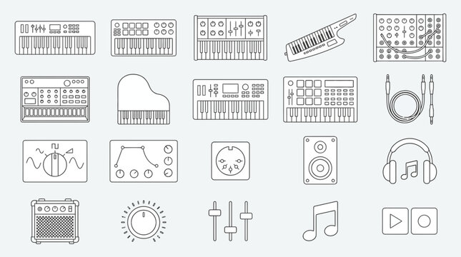 Electronic Music Production Equipment Icons: Synthesizers, Keyboard, Mixer, Speakers, Headphones