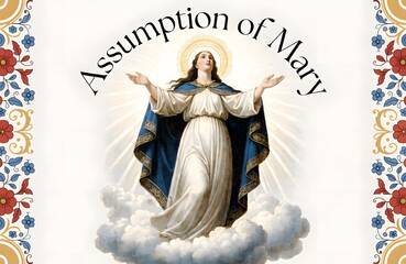Assumption of Mary Classical Religious Illustration with Floral Borders
