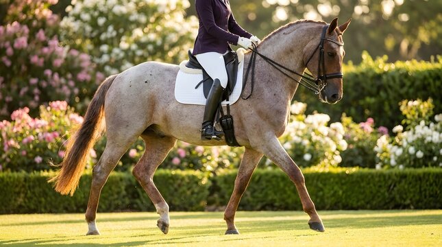 Elegant equestrian rider wearing formal purple jacket training a beautiful roan horse during a sunny afternoon session in the park