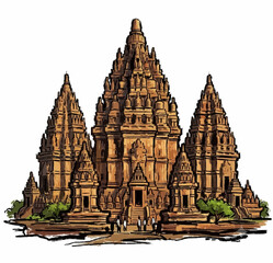 Obraz premium Hand Painted Prambanan Temple Illustration with Brush Stroke Texture, Hindu Monument in Yogyakarta Indonesia, Artistic Landmark Isolated on White