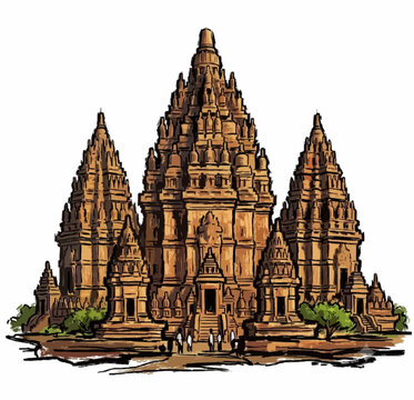 Hand Painted Prambanan Temple Illustration with Brush Stroke Texture, Hindu Monument in Yogyakarta Indonesia, Artistic Landmark Isolated on White