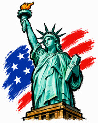 Fototapeta premium Hand Painted Statue of Liberty Illustration with Brush Stroke Texture, New York Landmark and US Flag, Artistic Travel Monument Isolated on White