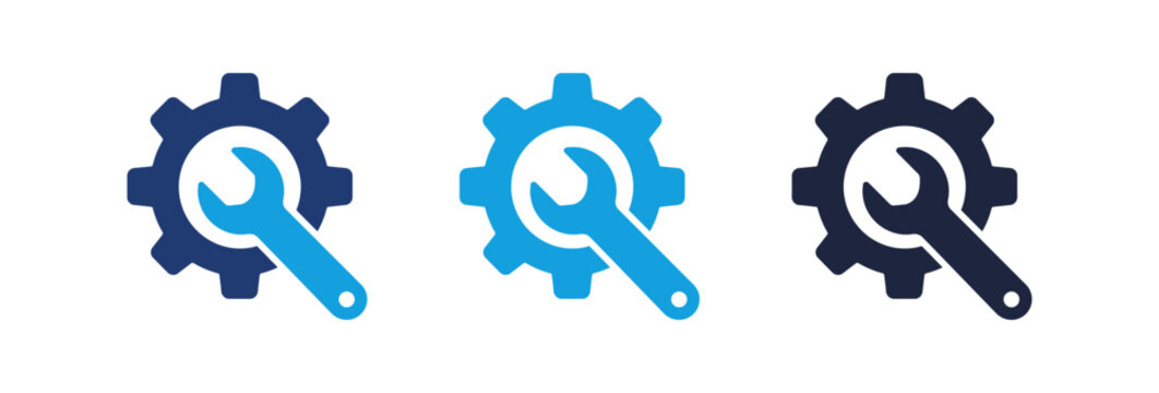 Set of three industrial gear and wrench icons for technical support and maintenance services.