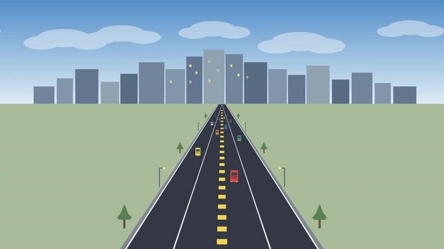 Pixel art highway traffic leads to city skyline in distance, flat vector cartoon motion graphic