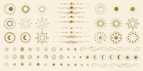 celestial gold dividers and circular frames featuring sun moon stars vector illustration ornament pattern design decoration icon symbol astronomy cosmic space © Milon