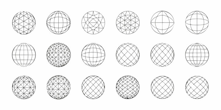 collection of 3d wireframe sphere grids in various patterns on white background grid pattern three dimensional geometric structure design mesh modeling architecture