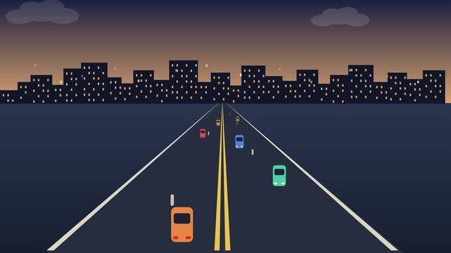 Highway traffic at dusk heading towards a city skyline, flat cartoon style with vanishing point perspective