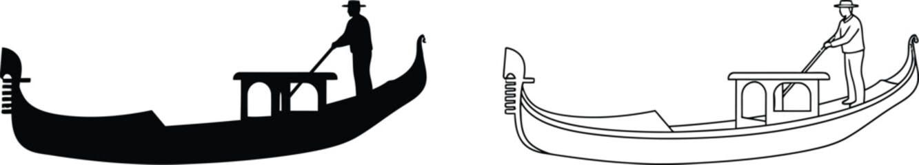 Gondola Set with Black Minimalist Silhouette and Outline Drawing, Including a Gondolier Character Illustration. © Jebiner