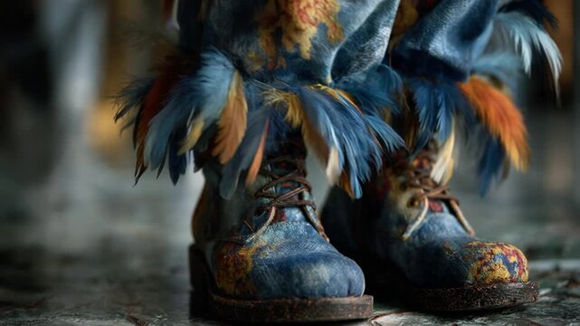 Close-up of a pair of unique, handcrafted boots with colorful patterns and feathers