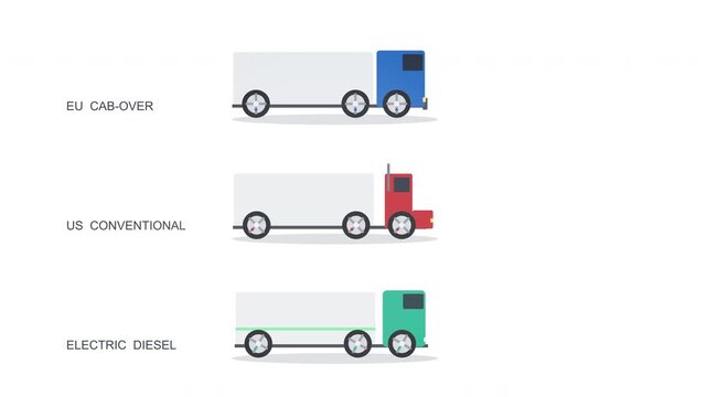 Set of different semi truck types EU american electric diesel isolated on white background