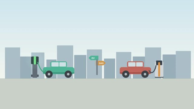 Vector illustration comparing electric versus gasoline car charging stations with city skyline background, transportation choice