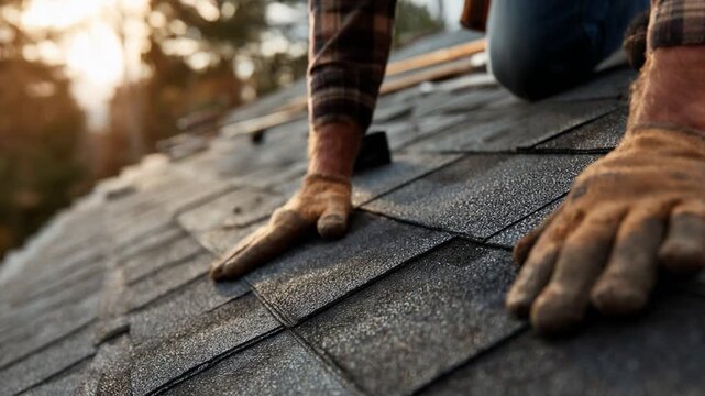 Male roofer hands installing new shingles on a residential house roof with a warm sunset background