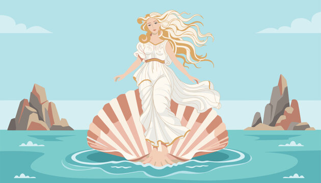 Birth of Venus cartoon illustration showing beautiful goddess standing on a giant seashell in the sea with rocks.