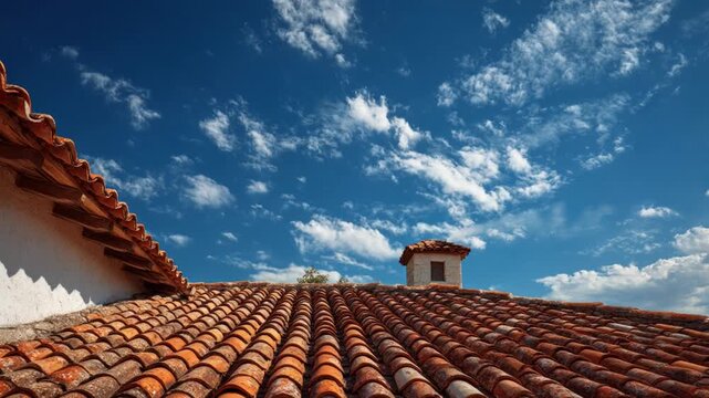 Old terracotta tiled roof and chimney under a moving blue sky with white clouds