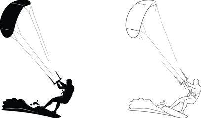 Kiteboarder Set with Black Full Body Silhouette and Outline on Breaking Waves, Ideal for Watersports Themes © Jebiner