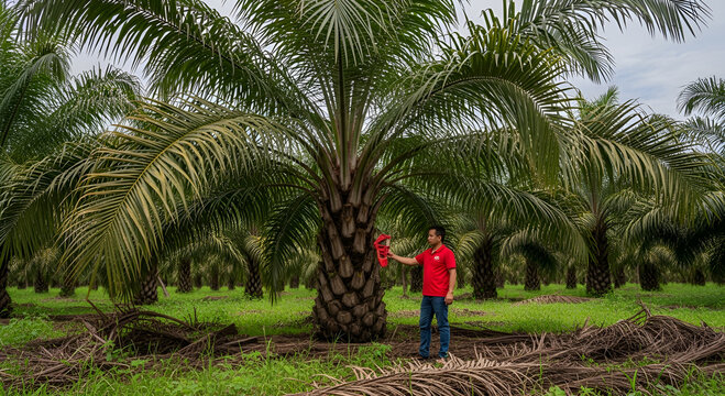 A man is working and caring for oil palm plants.