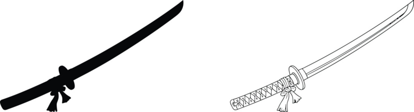 Katana Sword Outline and Silhouette Vector Illustration Representing Japanese Martial Culture and Weaponry