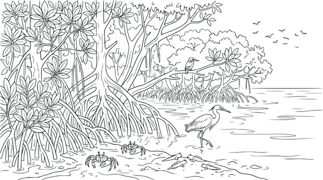 Mangrove Forest Ecosystem Line Art Illustration