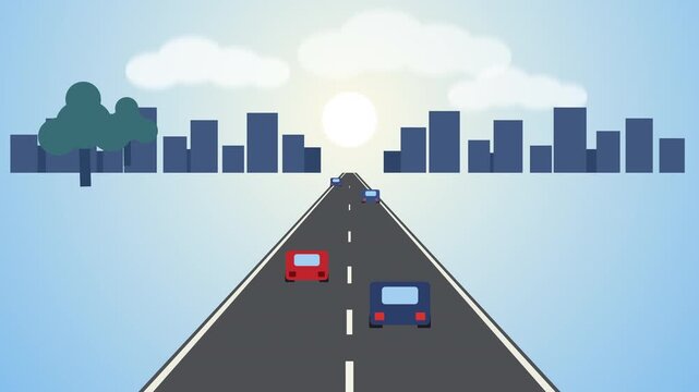 Highway traffic panoramic view towards city skyline with cars, flat vector cartoon style, motion graphic loop